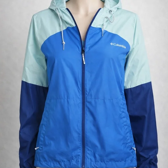Columbia Blue Colorblock Windbreaker Jacket M Hooded - Picture 1 of 9